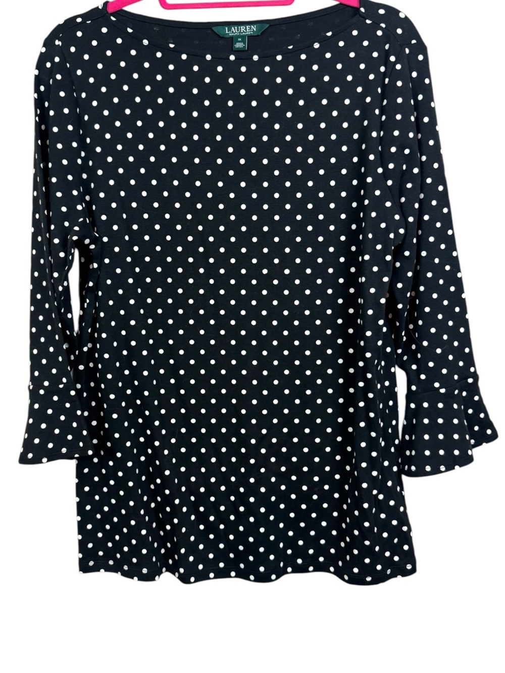 Lauren Ralph Lauren Blouse Womens Size 1X Black Polka Dot 3/4 Bell Sleeve Top